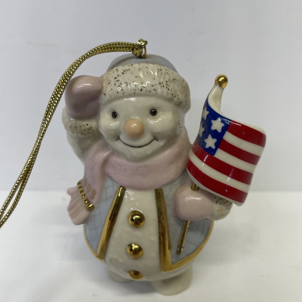 LENOX "Patriotic Snowman" Porcelain Christmas W/ Flag Ornament No Box